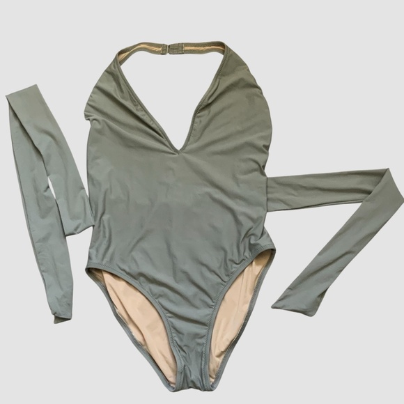J Crew Putty Grey Deep V Neck Waist Tie Halter One Piece Tank Swimsuit SZ 8 - Picture 2 of 6